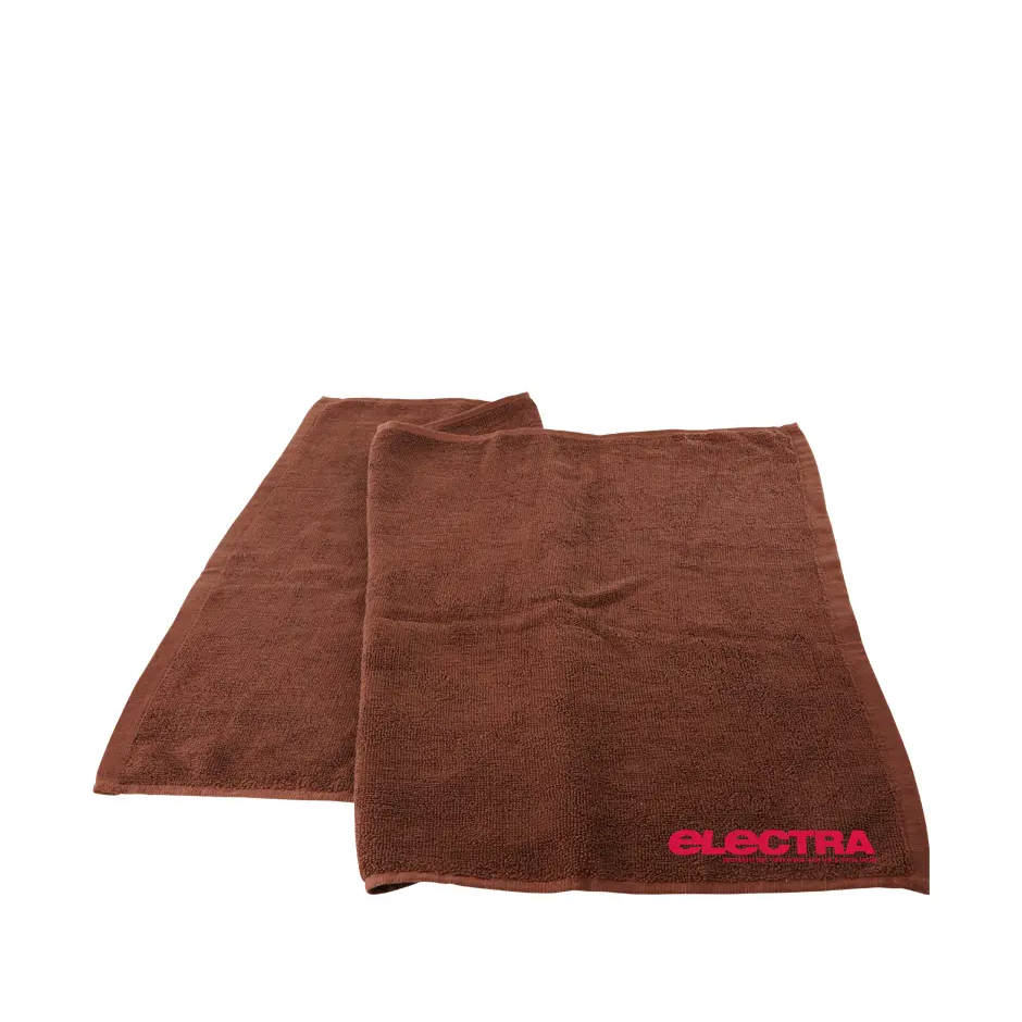 Electra Hair Towel. Brown with logo printed in pink.