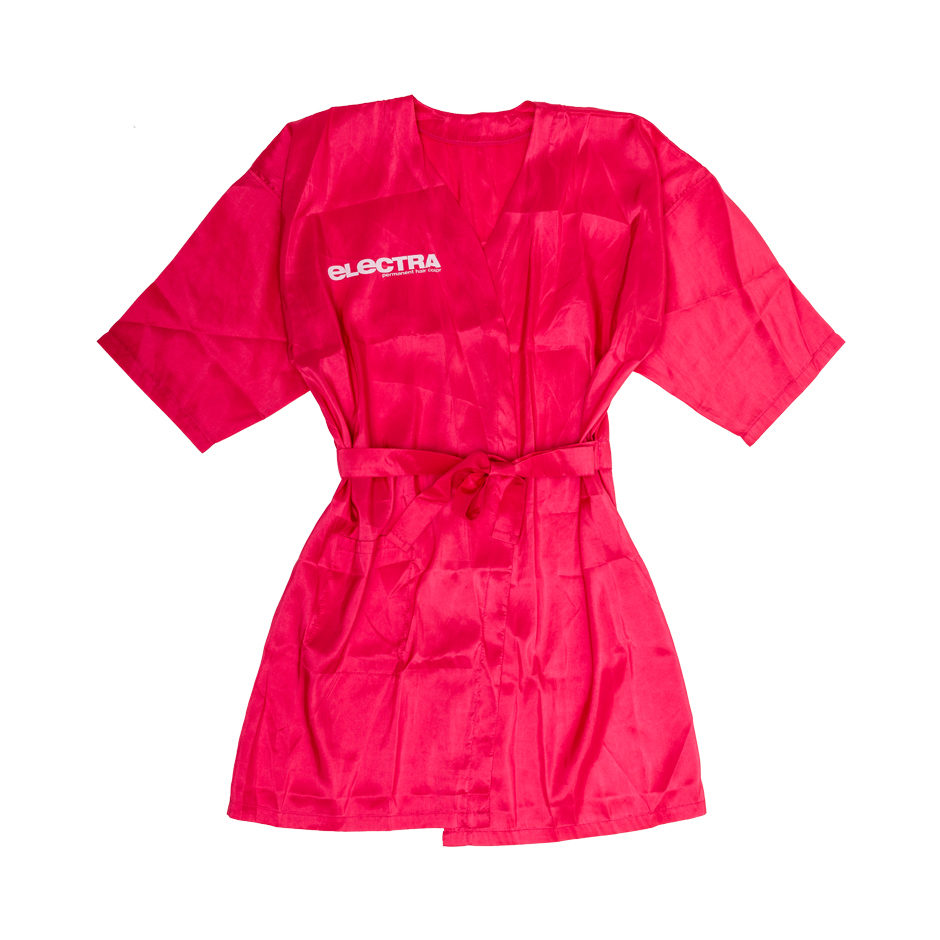 Pink Electra Kimono with Electra logo in while, on the left chest.