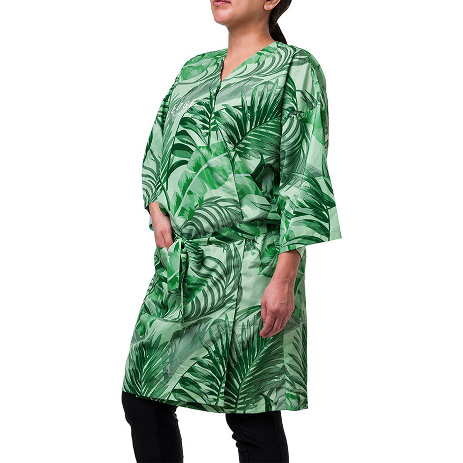 Cali Collection Palm Tree Kimono. Kimono has lush and green tropical plants design.