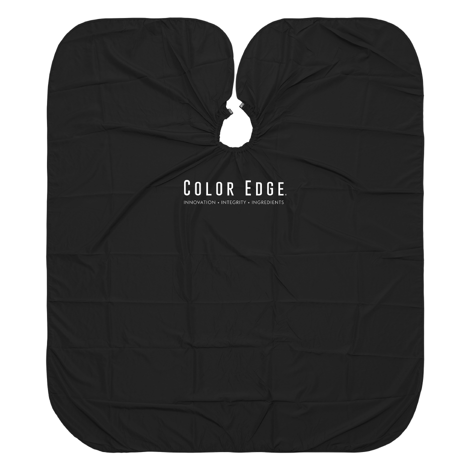 Black Cutting Cape. Black cape with Color Edge logo in white.
