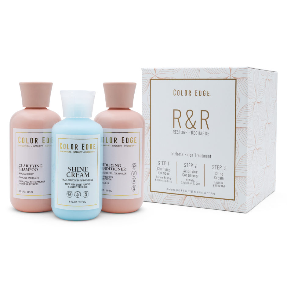 Restore & Recharge Duo. Includes Clarifying Shampoo 8oz, Shine Cream 6oz, and Acidifying Conditioner 8oz.