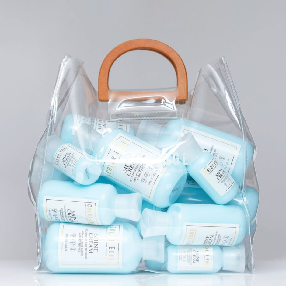 Clear Tote Bag with bottles of Shine Cream inside