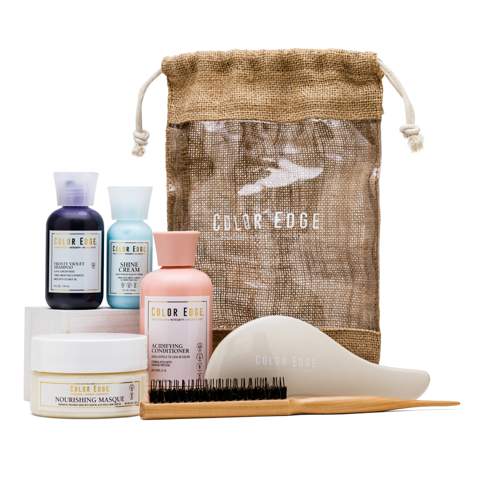 Balayage Care Kit bundle. Includes Color Edge bag with 4 hair styling products, and 2 brushes.
