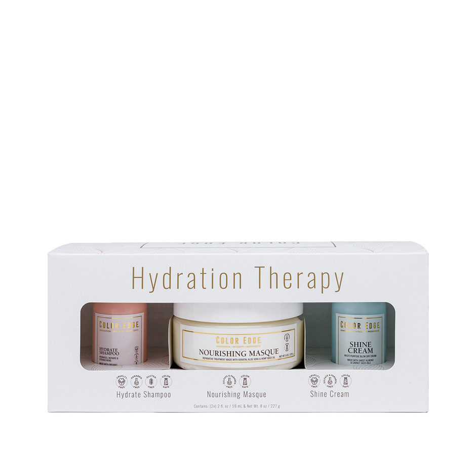 Hydration Therapy bundle. Includes Hydrate Shampoo 2oz, Shine Cream 2oz, and Nourishing Masque 8oz.