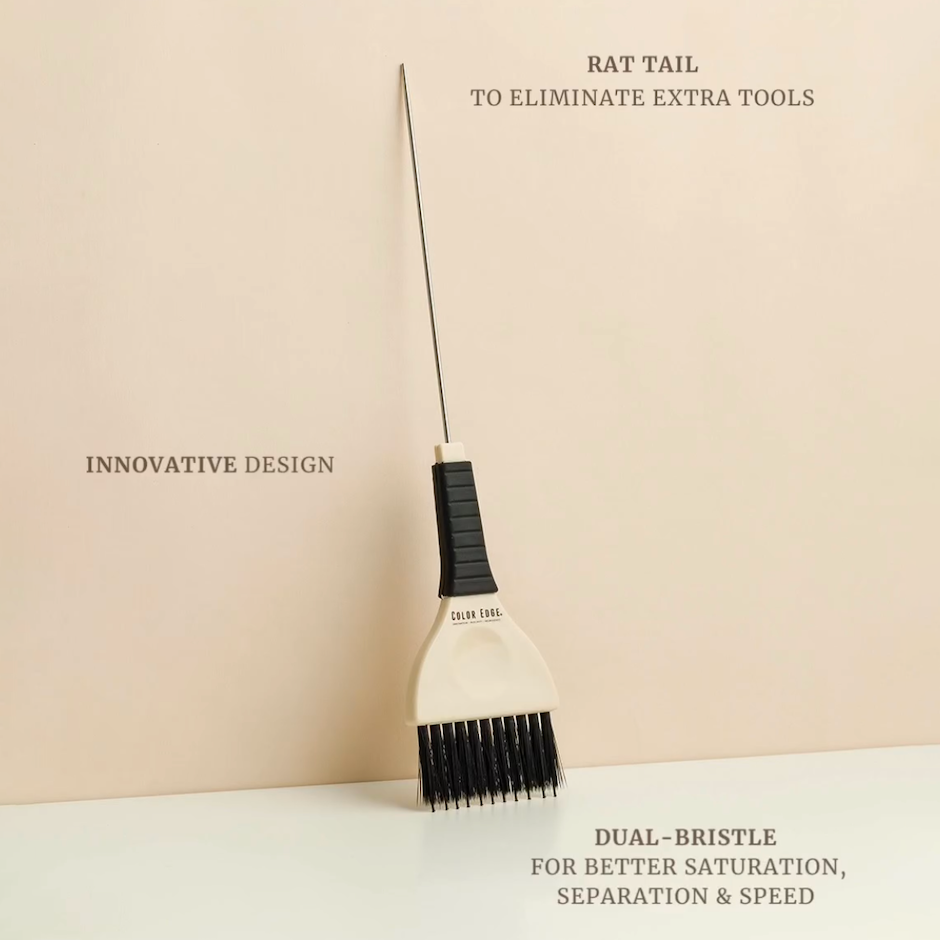 Rake Brush infographic: rat tail to eliminate extra tools, innovative design, dual-bristle for better saturation, separation, and speed