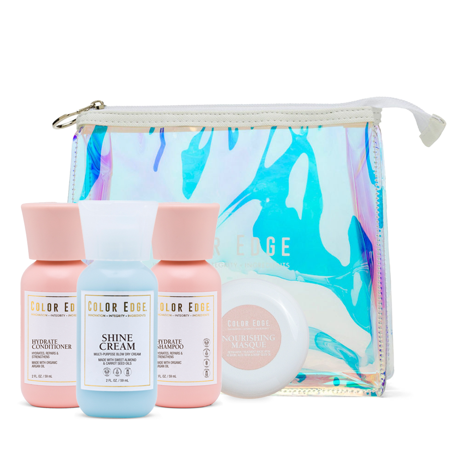 Custom Bundle. Includes cosmetic bag, Nourishing Masque, Hydrate Conditioner, Shine Cream, and Hydrate Shampoo 2oz